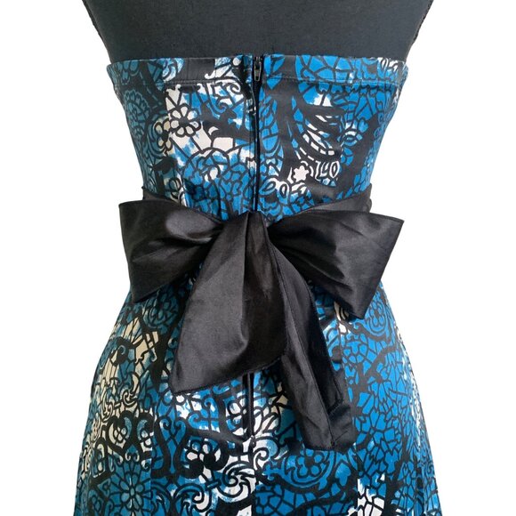 Trixxi Juniors Strapless Blue & Black Floral Pleated Dress With Bow Back Size 5 - Picture 6 of 13